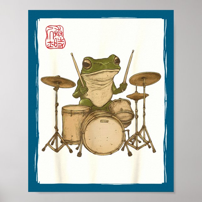 Poster Funny Frog Drum Rock Music Kawaii Japanese  (Frente)