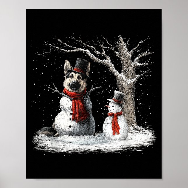 Poster Funny German Shepherd Dog In The Snow Tree Christm (Frente)