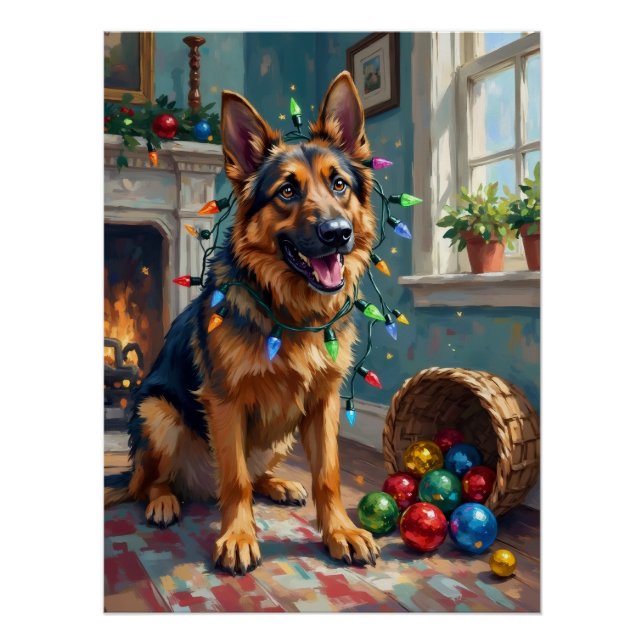 Póster Funny German Shepherd Tangled in Christmas Lights (Frente)
