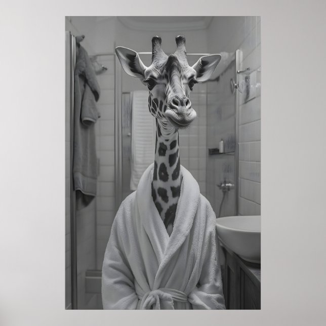 Poster Funny Giraffe in Bathrobe Print, Quirky Bathroom (Frente)
