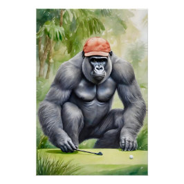 Póster Funny Gorilla no Boné Vermelho Jogando Golfe