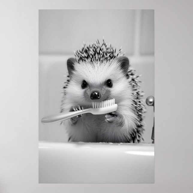Poster Funny Hedgehog Brushing Teeth Bathroom Print (Frente)