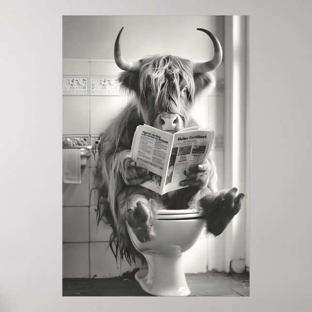 Poster Funny Highland Cow Bathroom Print, Newspaper (Frente)