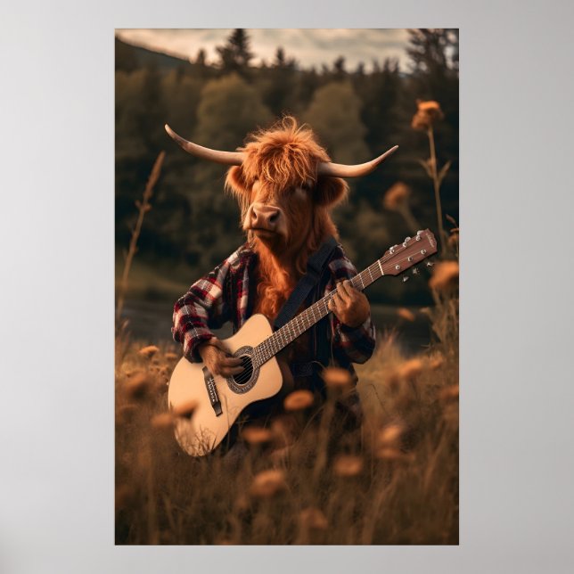 Poster Funny Highland Cow Guitar Print, Farm Animal Art (Frente)