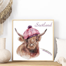 Poster Funny Highland Cow Tartan Boné Scotland Animal Art