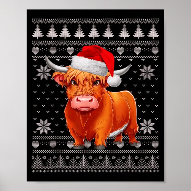 Poster Funny Highland Cow Ugly Christmas Sweater Santa Xm (Frente)