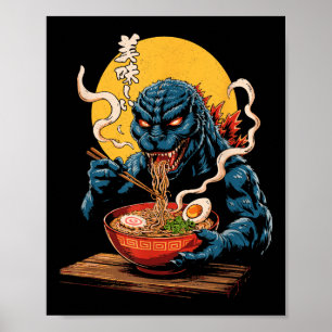Poster Funny Kaiju Comendo Ramen Monstro Japonês Bi