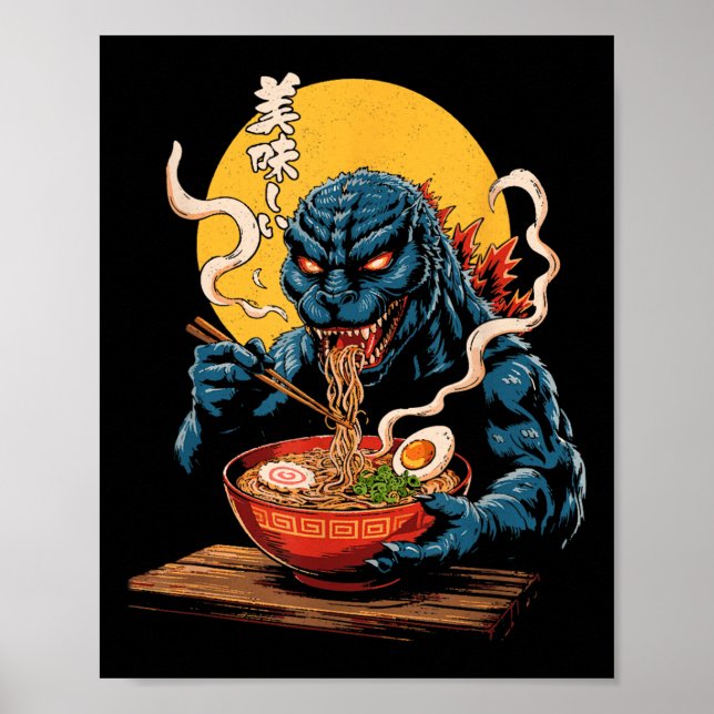 Poster Funny Kaiju Comendo Ramen Monstro Japonês Bi (Frente)