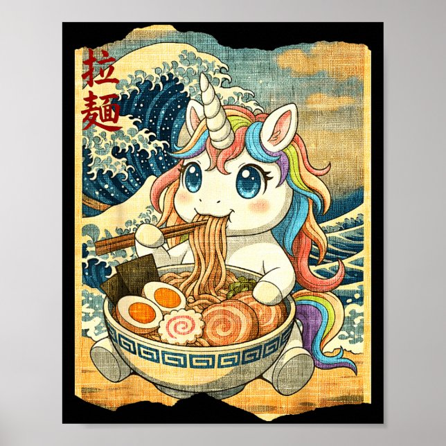 Poster Funny Kawaii Unicorn Ramen Noodle Bowl Japanese Wa (Frente)