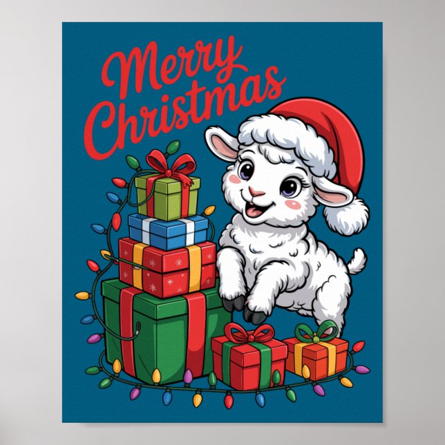 Poster Funny Lamb Santa Hat Animals Lovers Ugly Christmas (Frente)