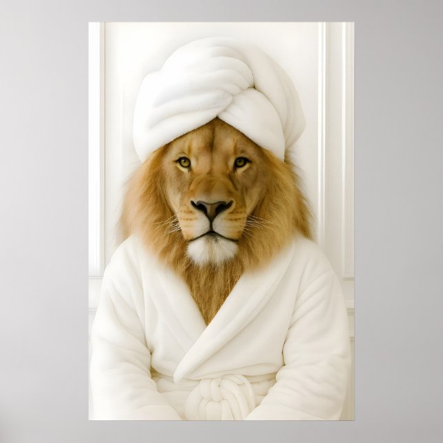 Poster Funny Lion Bathroom Print, Lion In Bathrobe (Frente)