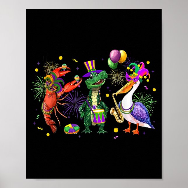 Poster Funny Mardi Gras 2026 Crocodile Crawfish Pelican N (Frente)