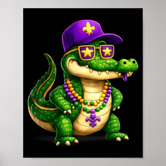 Poster Funny Mardi Gras Alligator Beads Carnival Celebrat (Frente)