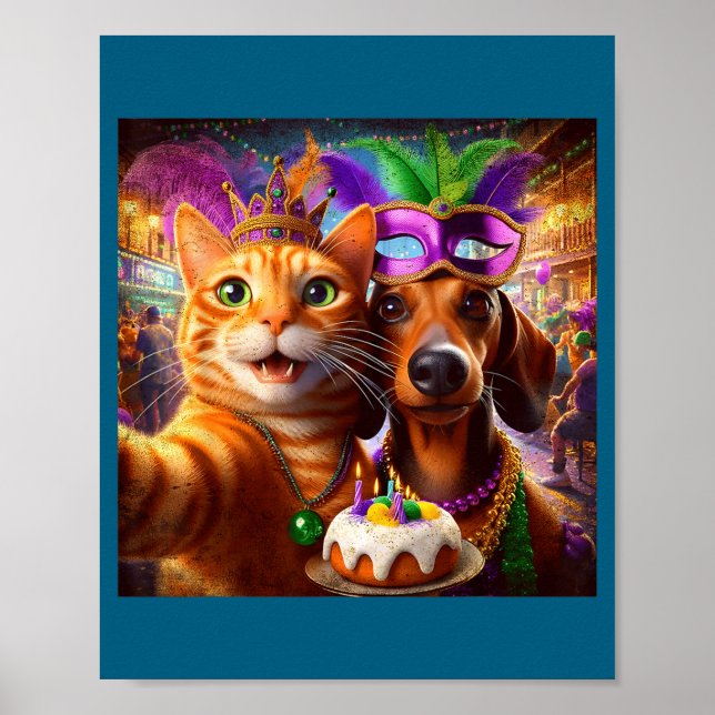 Poster Funny Mardi Gras Cat Dachshund Selfie Squad  (Frente)