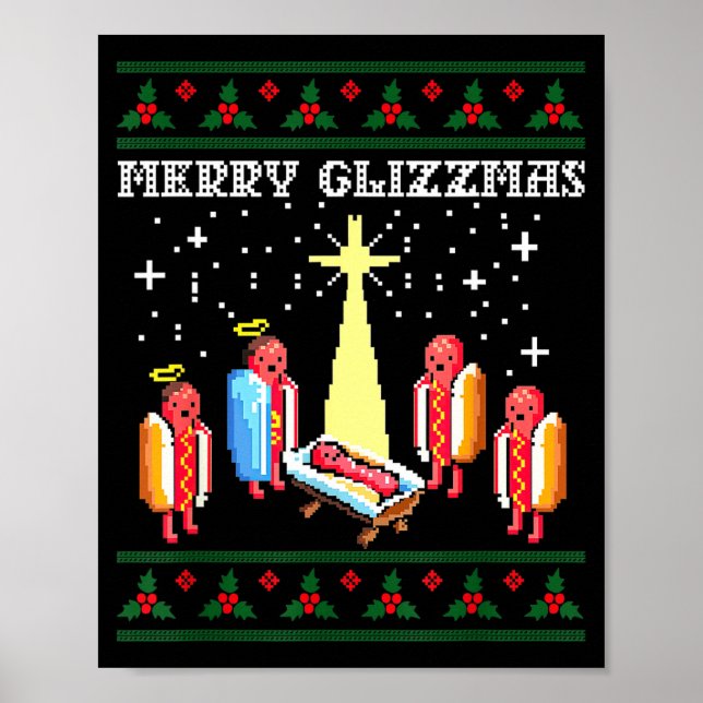 Poster Funny Merry Glizzmas Hot Dogs Family Group Ugly Ch (Frente)