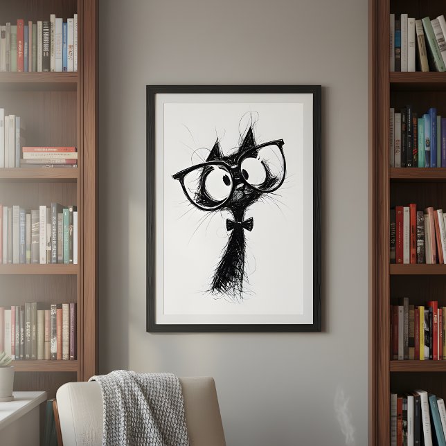 Poster Funny Minimalist Whimsical Nerd Cat with Glasses (Criador carregado)