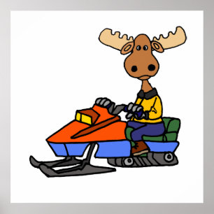 Poster Funny Moose Snowmobiling