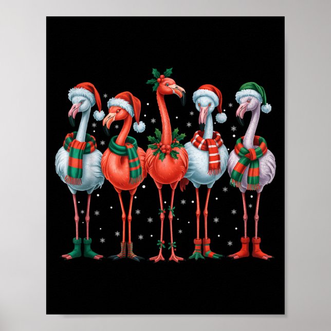 Poster Funny Nk Flamingos Merry Christmas Tree Xmas Snowf (Frente)