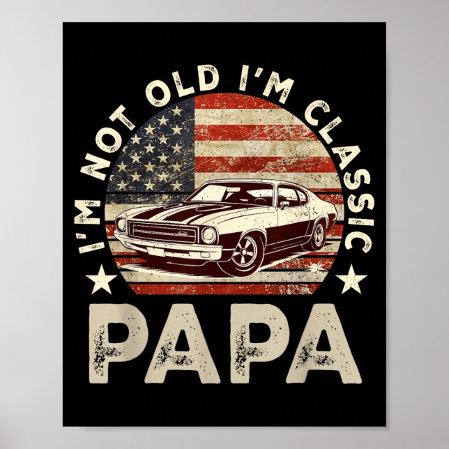 Poster Funny Old Car Clic American Us Flag Mens Dad Papa  (Frente)