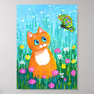Poster Funny Orange Tabby Cat Butterfly Creationarts