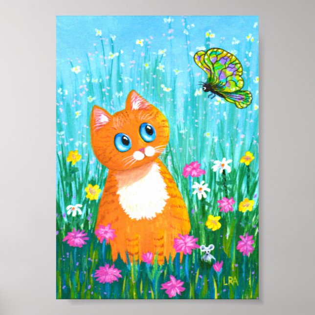 Poster Funny Orange Tabby Cat Butterfly Creationarts (Frente)