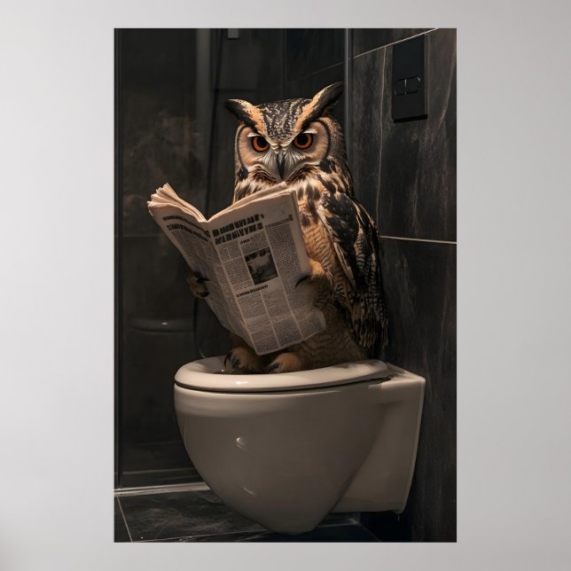 Poster Funny Owl Reading Newspaper on Toilet, Bathroom (Frente)