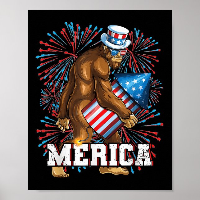 Poster Funny Patriot Sasquatch Bigfoot Fireworks Sungs (Frente)