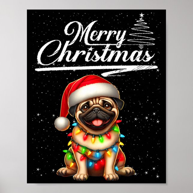 Poster Funny Pug Dog Christmas Lights Santa Hat Candy Can (Frente)