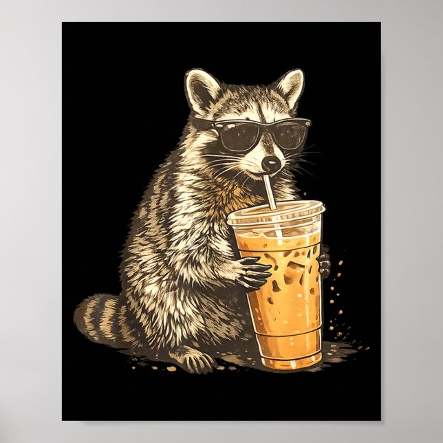 Poster Funny raccoon drinking iced coffee animal meme men (Frente)
