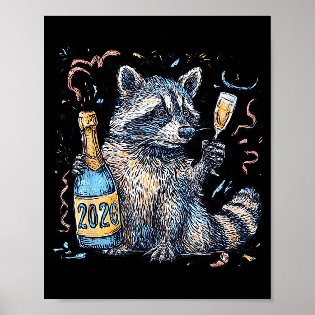 Poster Funny Raccoon With Champagne Disco Ball New Years  (Frente)