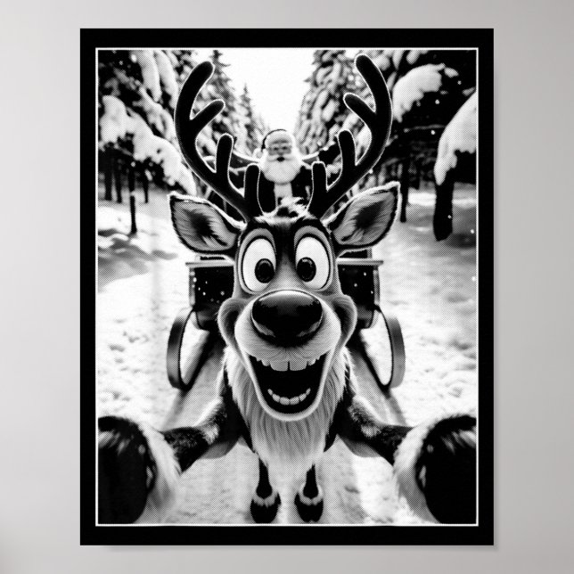 Poster Funny Reindeer Selfie Santa Sleigh Christmas Holid (Frente)