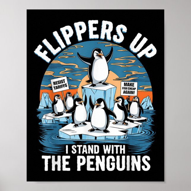 Poster Funny Resiste Pinguins Protestando Contra Tarifas (Frente)