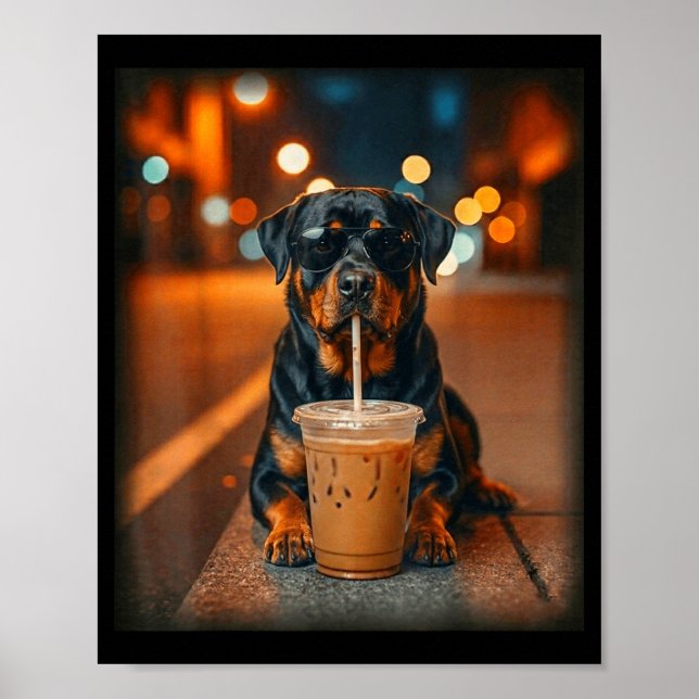 Poster Funny rottweiler drinking iced coffee lover dog (Frente)