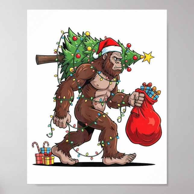 Poster Funny Santa Bigfoot Christmas Tree Lights Xmas Boy (Frente)