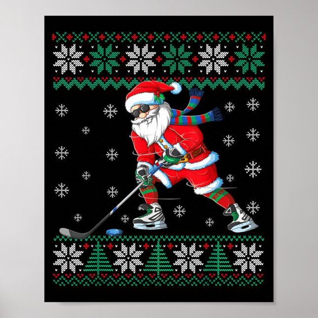 Poster Funny Santa Claus Christmas Ice Hockey Ugly Sweate (Frente)