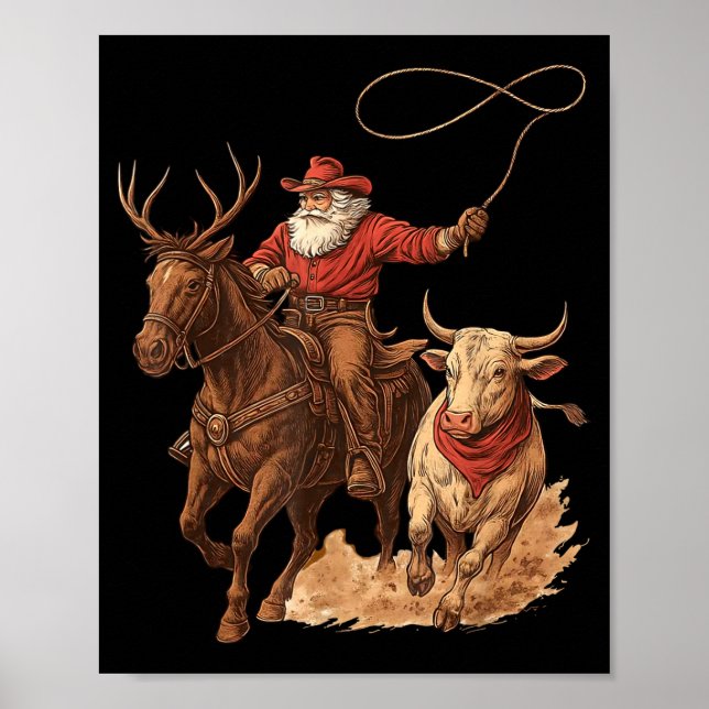 Poster Funny Santa Cowboy Rodeo Reindeer Western Horse Ro (Frente)