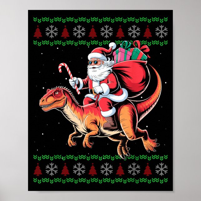 Poster Funny Santa Riding Dinosaur Animal Ugly Christmas  (Frente)