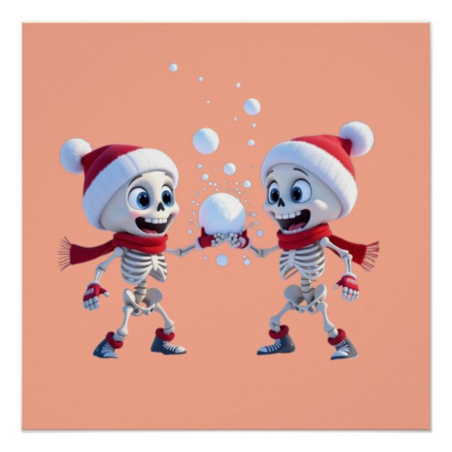 Póster Funny Santa Skeletons Having a Snowball Fight  (Frente)