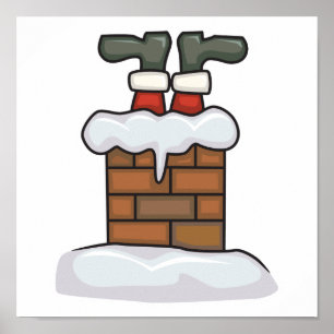 Póster funny santa stuck in chimney