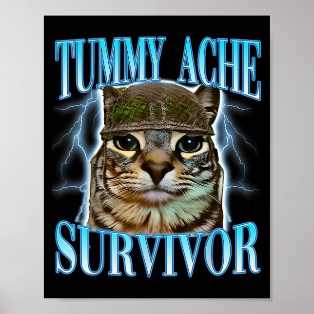 Poster Funny Saying Cats Tummy Ache Survivor Cat Meme Hum (Frente)