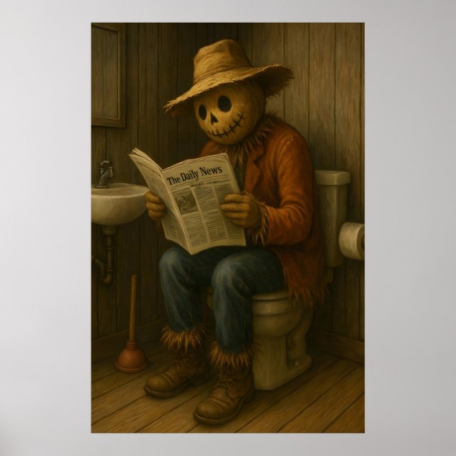 Poster Funny Scarecrow Bathroom Print, Rustic Toilet (Frente)