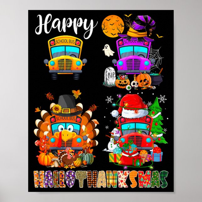 Poster Funny School Bus Witch Turkey Santa Happy Hallotha (Frente)