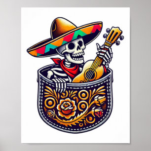 Poster Funny Skeleton Mariachi Guitarra Cinco De Maio