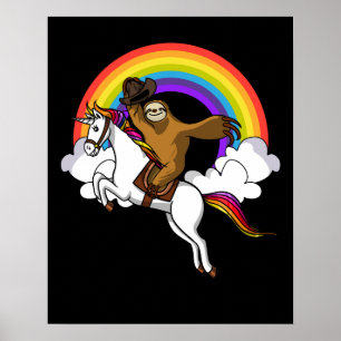 Poster Funny Sloth Cowboy Andando Magia Unicórnio Arco-Ír