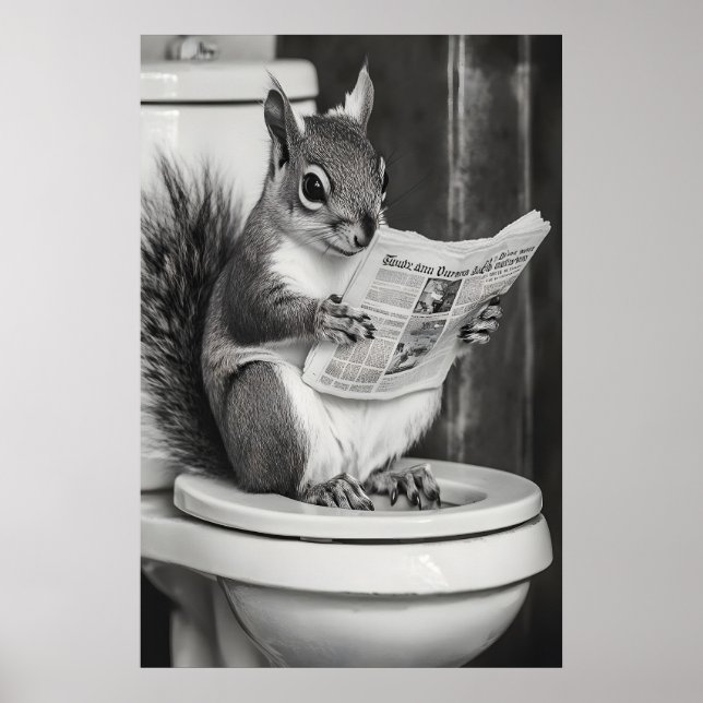 Poster Funny Squirrel Bathroom Print, Reading Newspaper (Frente)