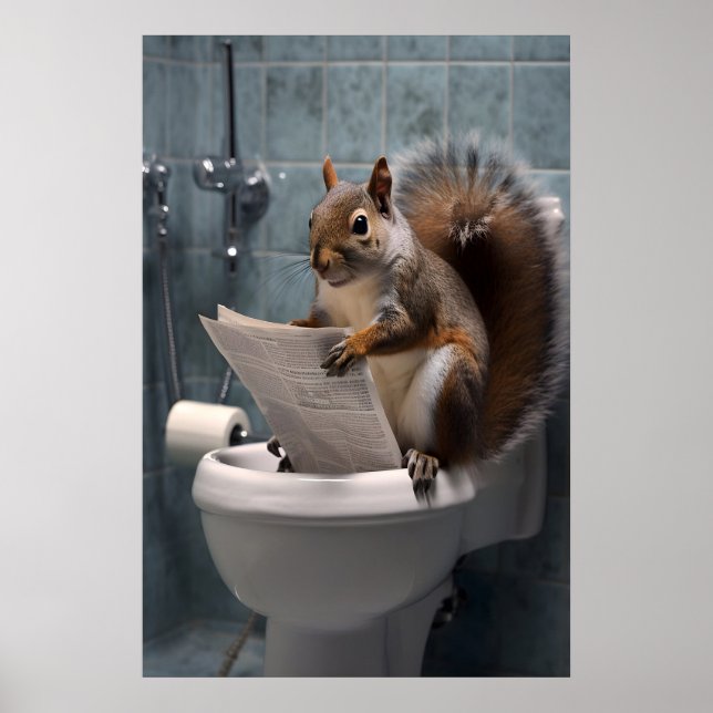 Poster Funny Squirrel Bathroom Print, Toilet Newspaper (Frente)