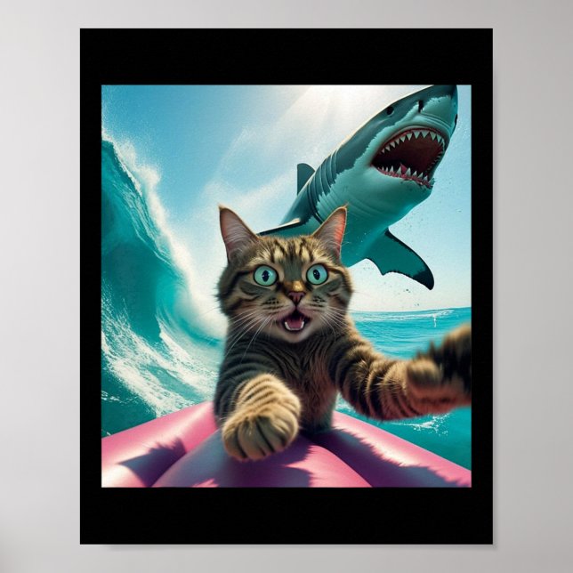 Poster Funny Surfing Cat Selfie With Shark Meme _1  (Frente)