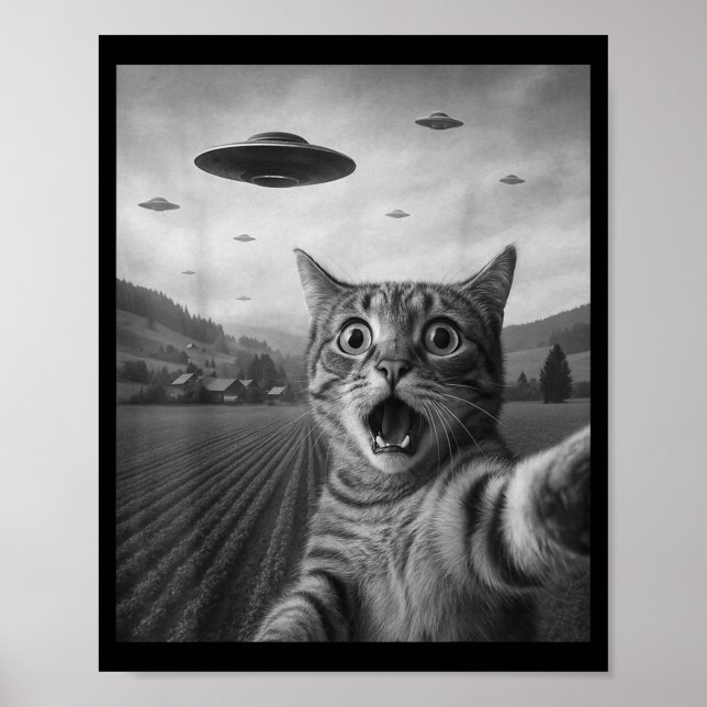 Poster Funny Surprised Ed Cat Selfie With Alien Ufo Cat U (Frente)