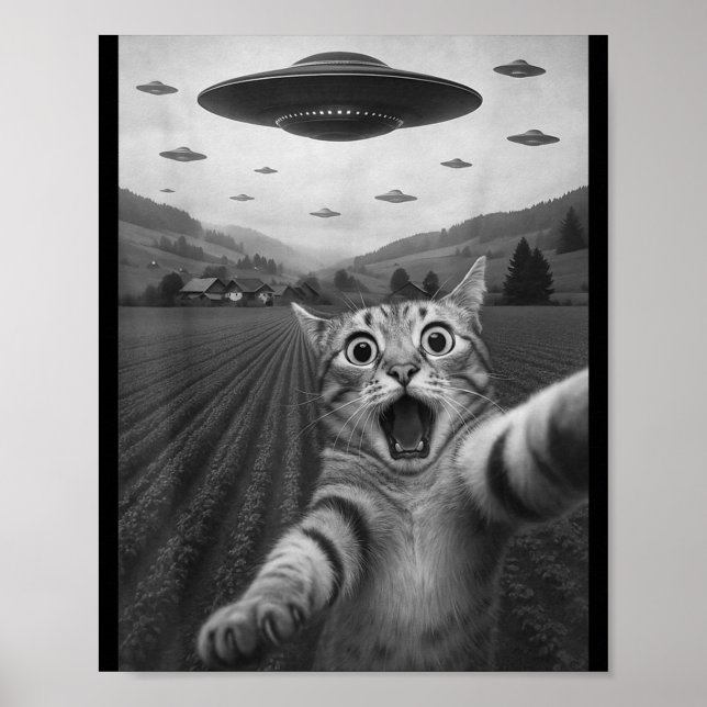 Poster Funny Surprised Ed Cat Selfie With Alien Ufo Cat U (Frente)