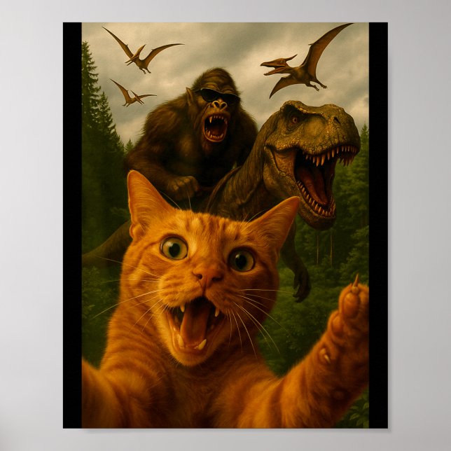 Poster Funny Surprised Ed Cat Selfie With Bigfoot T-rex  (Frente)